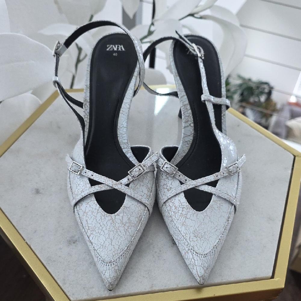 Zara Crackled White Slingback Heels